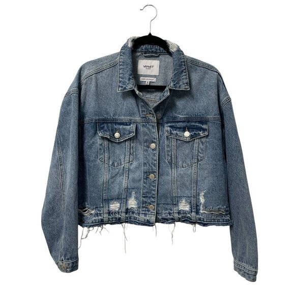 VERVET JEAN JACKET OVERSIZED CROP FIT DISTRESSED BLUE DENIM SIZE M GRUNGE CASUAL - Picture 1 of 11